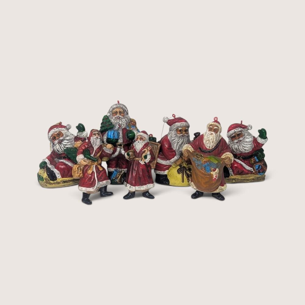 Set of 7 Vintage Plastic Santa Claus Ornaments and Figurine